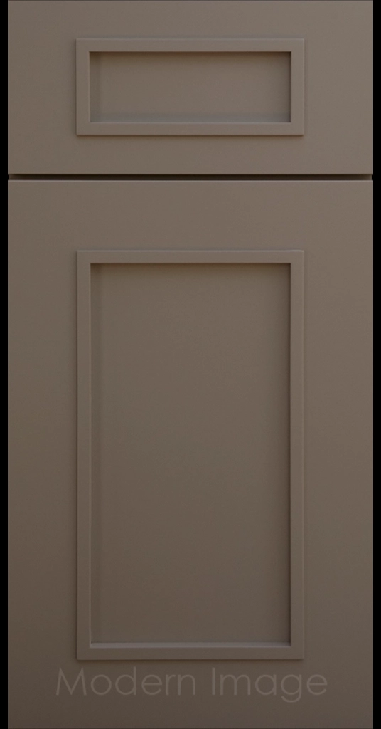 Gilbert cabinet a recessed flat panel and elevated molding in Magnetic Gray color.